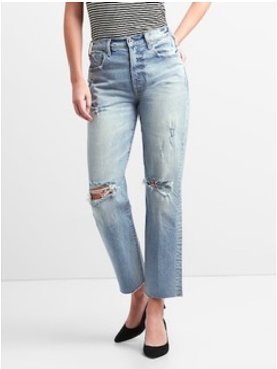 GAP Denim - GAP Cone Denim, Light Blue, Distressed, High Waist, Straight Leg Jeans. Size 29